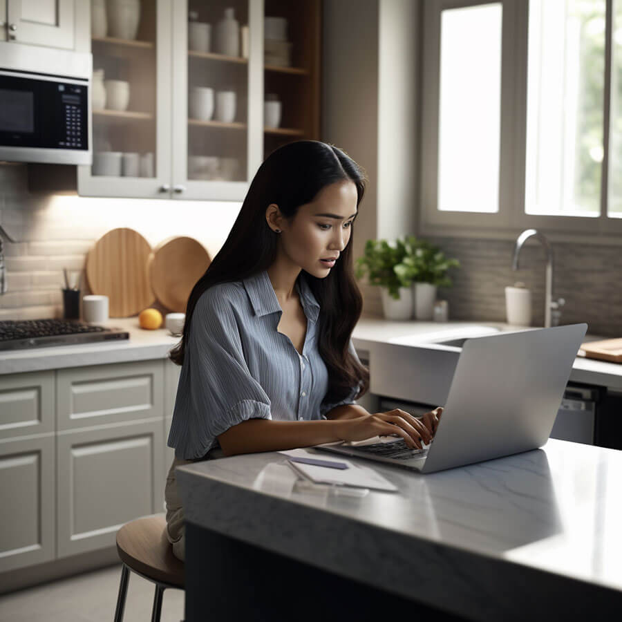 Woman working online and at the kitchen